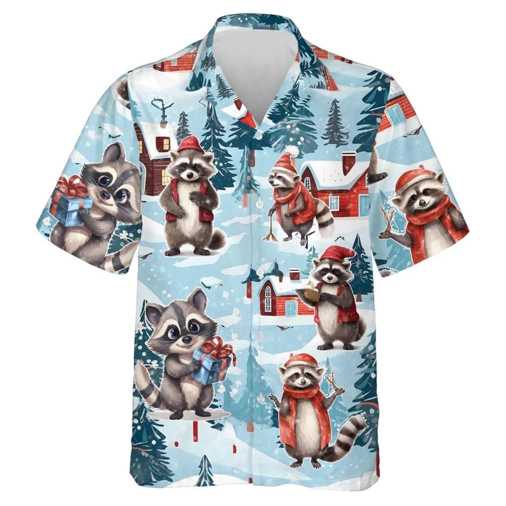 Christmas Hawaiian Shirt, Christmas Raccoon Snowy Raccoon Summer Hawaiian Shirt, Xmas Hawaiian Shirts