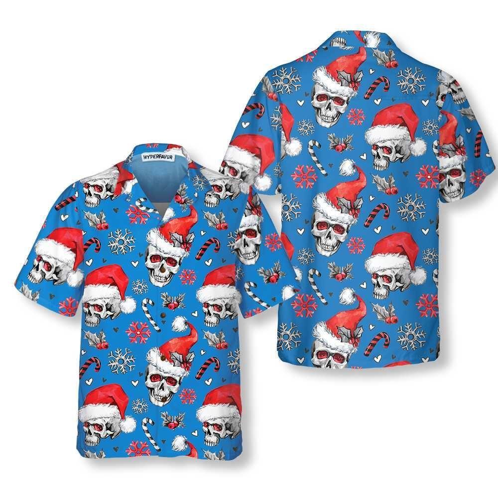 Christmas Hawaiian Shirt, Christmas Skulls With Candy Canes Blue Version Christmas Hawaiian Shirt, Xmas Hawaiian Shirts