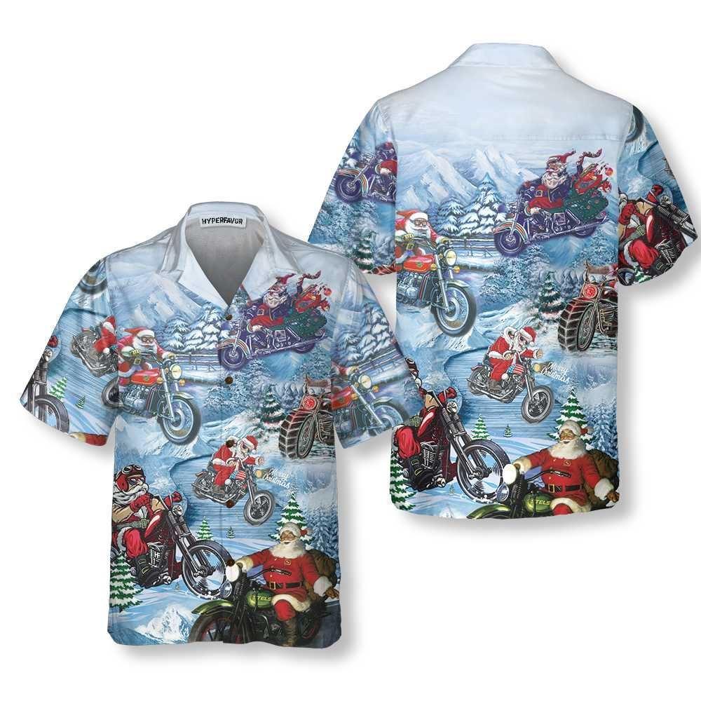 Christmas Hawaiian Shirt, Driving With Santa On Christmas Hawaiian Shirt Motorcycle Christmas Shirt, Xmas Hawaiian Shirts