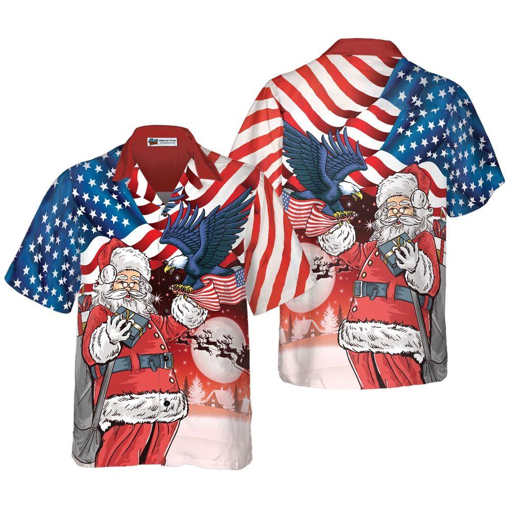 Christmas Hawaiian Shirt, Eagle Perched On Santa's Hand With American Flag Background Hawaiian Shirt, Xmas Hawaiian Shirts