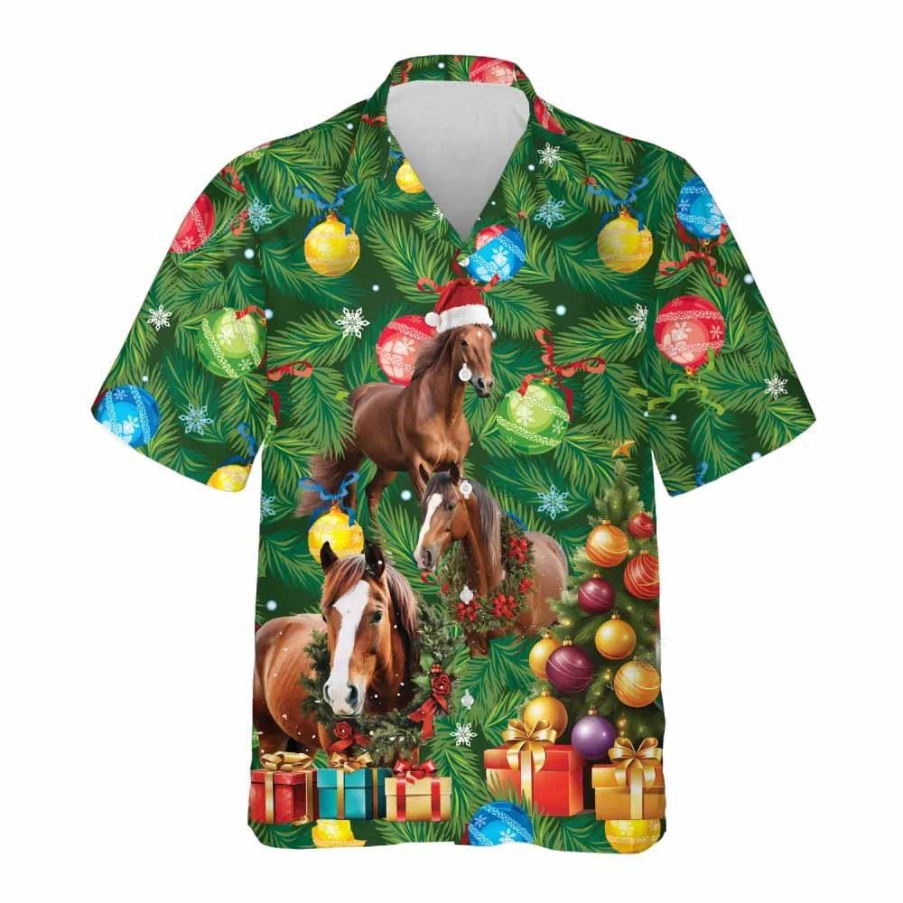 Christmas Hawaiian Shirt, Horse Christmas Pine Tree Hawaiian Shirt, Xmas Hawaiian Shirts