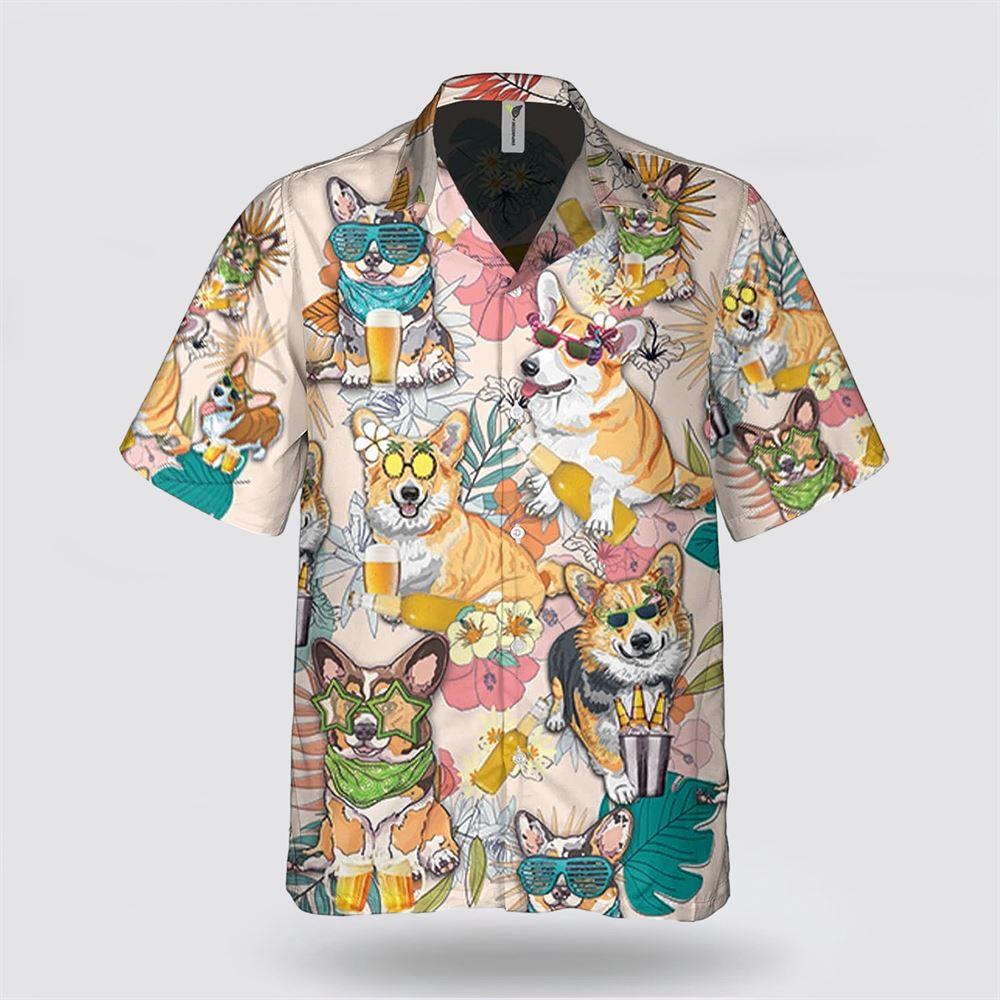 Corgi Dog With Yellow Beer Tropic Pattern Hawaiian Shirt - Gift For Dog Lover