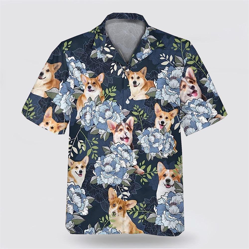 Corgi On The Blue Flower Background Hawaiian Shirt - Pet Lover Hawaiian Shirts