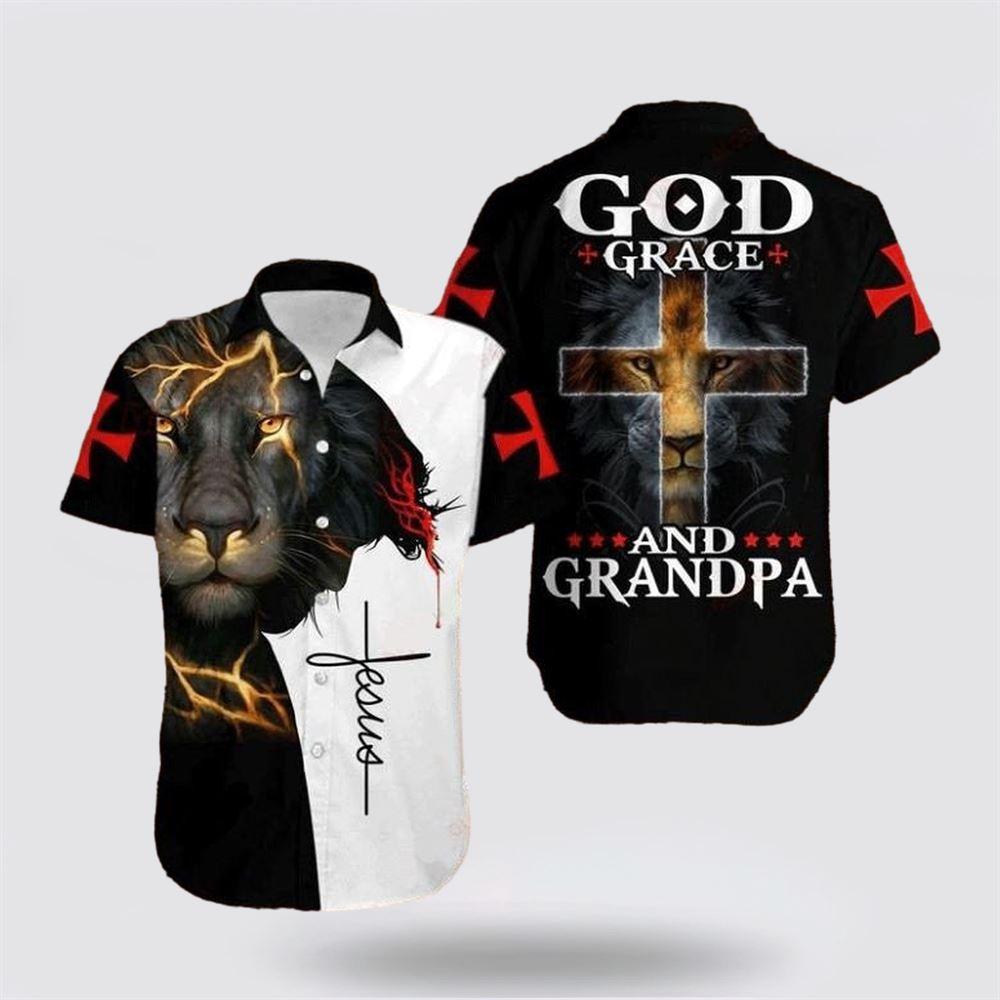 Cross Jesus Bible Lion God Grace And Grandpa Hawaiian Shirt - Gifts For Christians