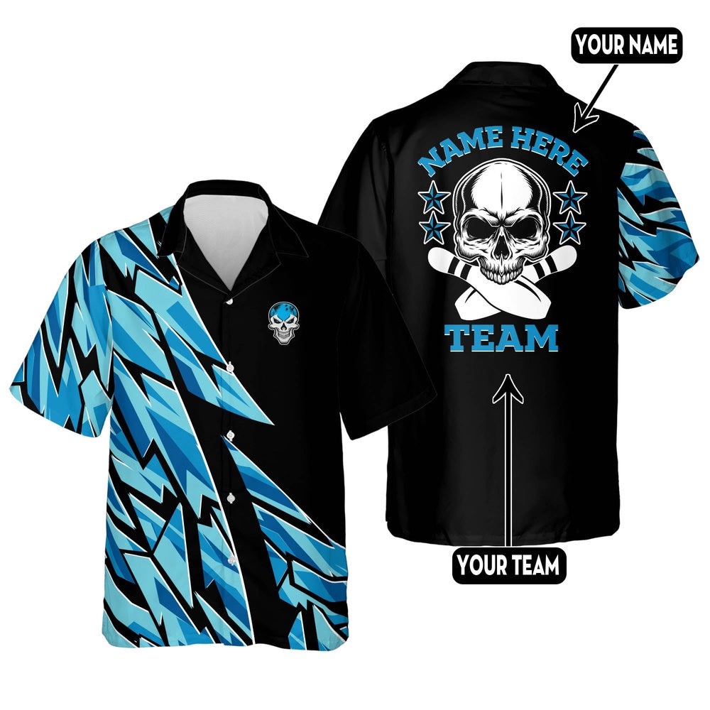 Custom Blue Skull Casual Hawaiian Shirt, Custom Bowling Shirt, Custom Team Bowling Hawaiian Shirt