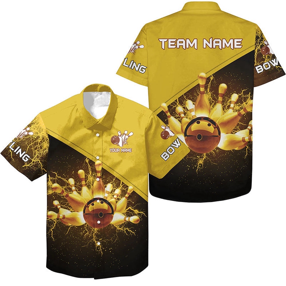 Custom Gold Lightning Thunder Bowling Team Jersey, Custom Team Bowling Hawaiian Shirt