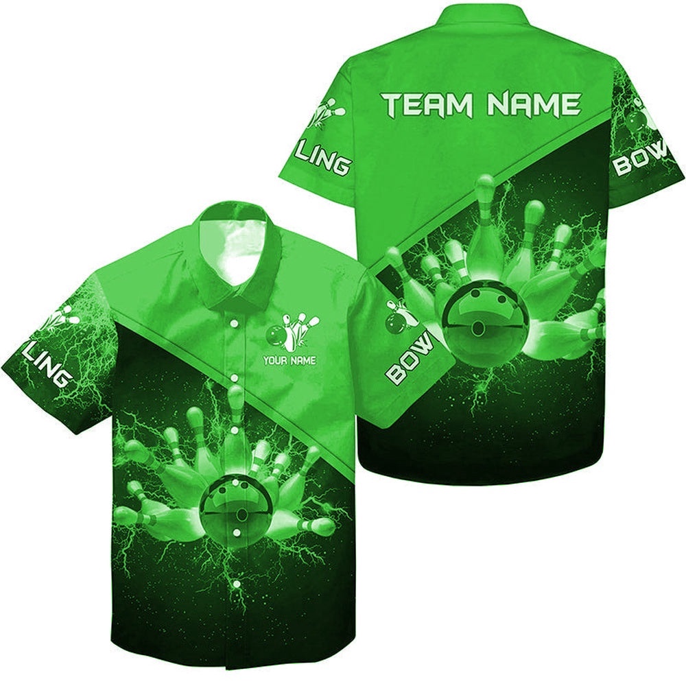Custom Green Lightning Thunder Bowling Team Jersey, Custom Team Bowling Hawaiian Shirt