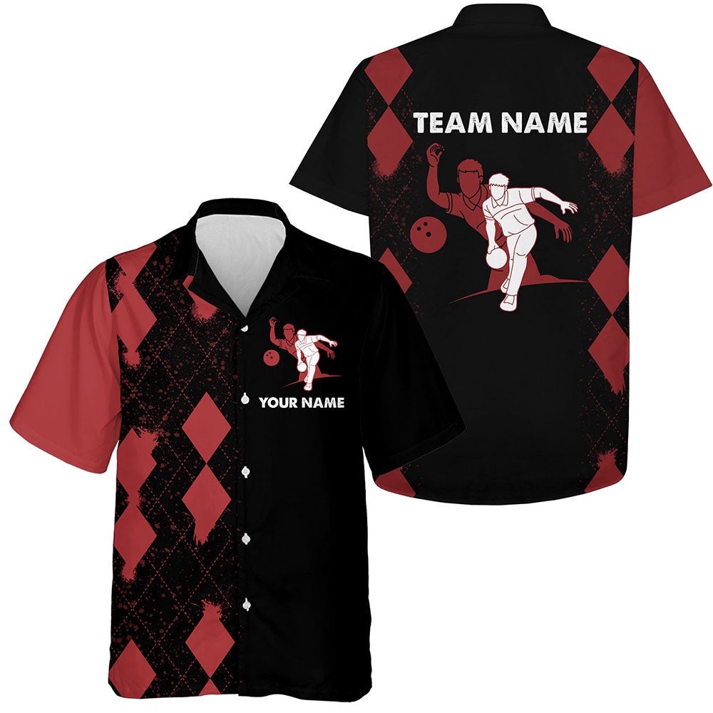 Custom Hawaiian Bowling Shirt Personalized Name Red&Black Bowler Team Jersey For Bowling Lover, Custom Team Bowling Hawaiian Shirt