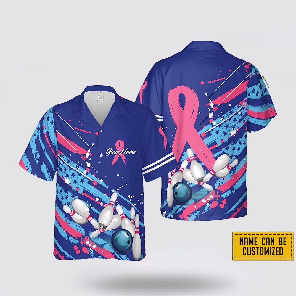 Custom Name Breast Cancer Bowling Pattern Bowling Hawaiin Shirt - Beachwear Gift For Bowler