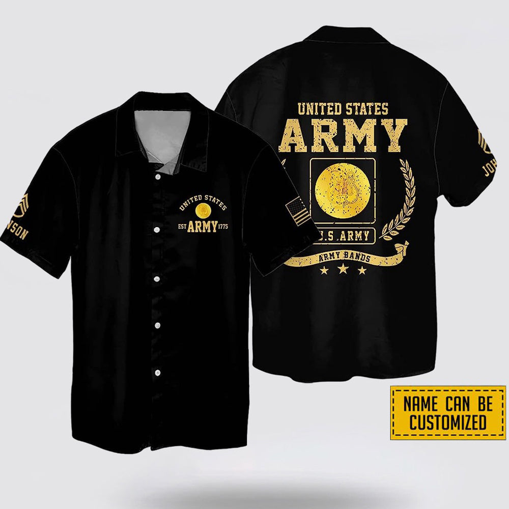 Custom Name Rank United State Army Bands EST Army 1775 Hawaiin Shirt - Beachwear Gift For Military Personnel