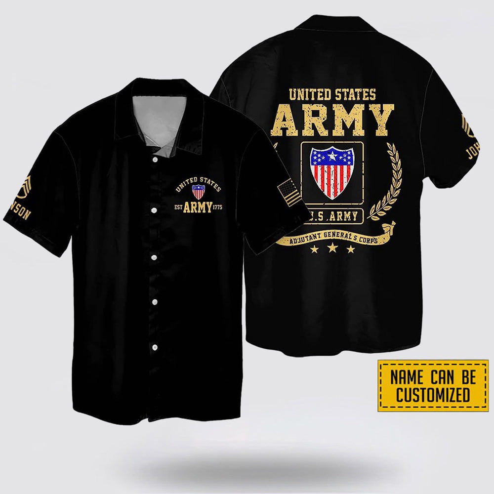 Custom Name Rank United States Army Adjutant Generals Corps EST Army 1775 Hawaiin Shirt - Beachwear Gift For Military Personnel