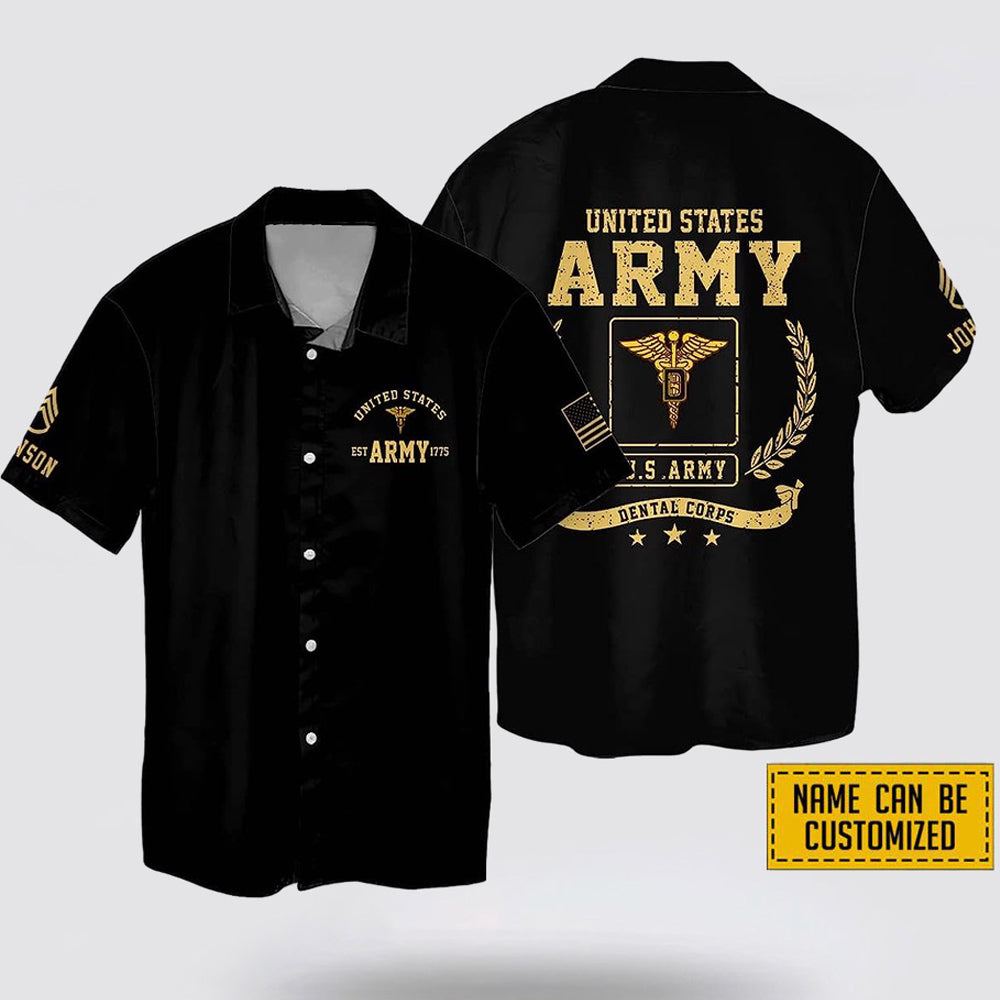 Custom Name Rank United States Army Dental Corps EST Army 1775 Hawaiin Shirt - Beachwear Gift For Military Personnel