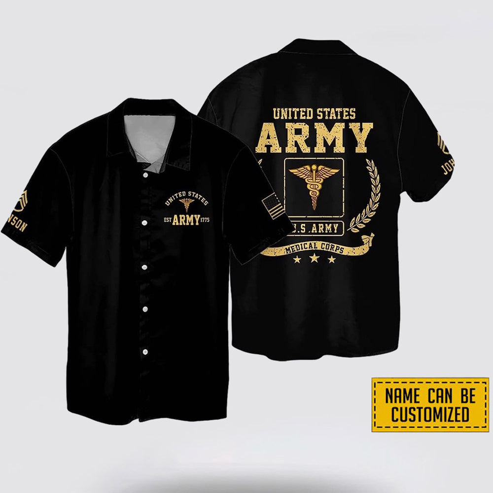 Custom Name Rank US Army Medical Corps EST Army 1775 Hawaiin Shirt - Beachwear Gift For Military Personnel