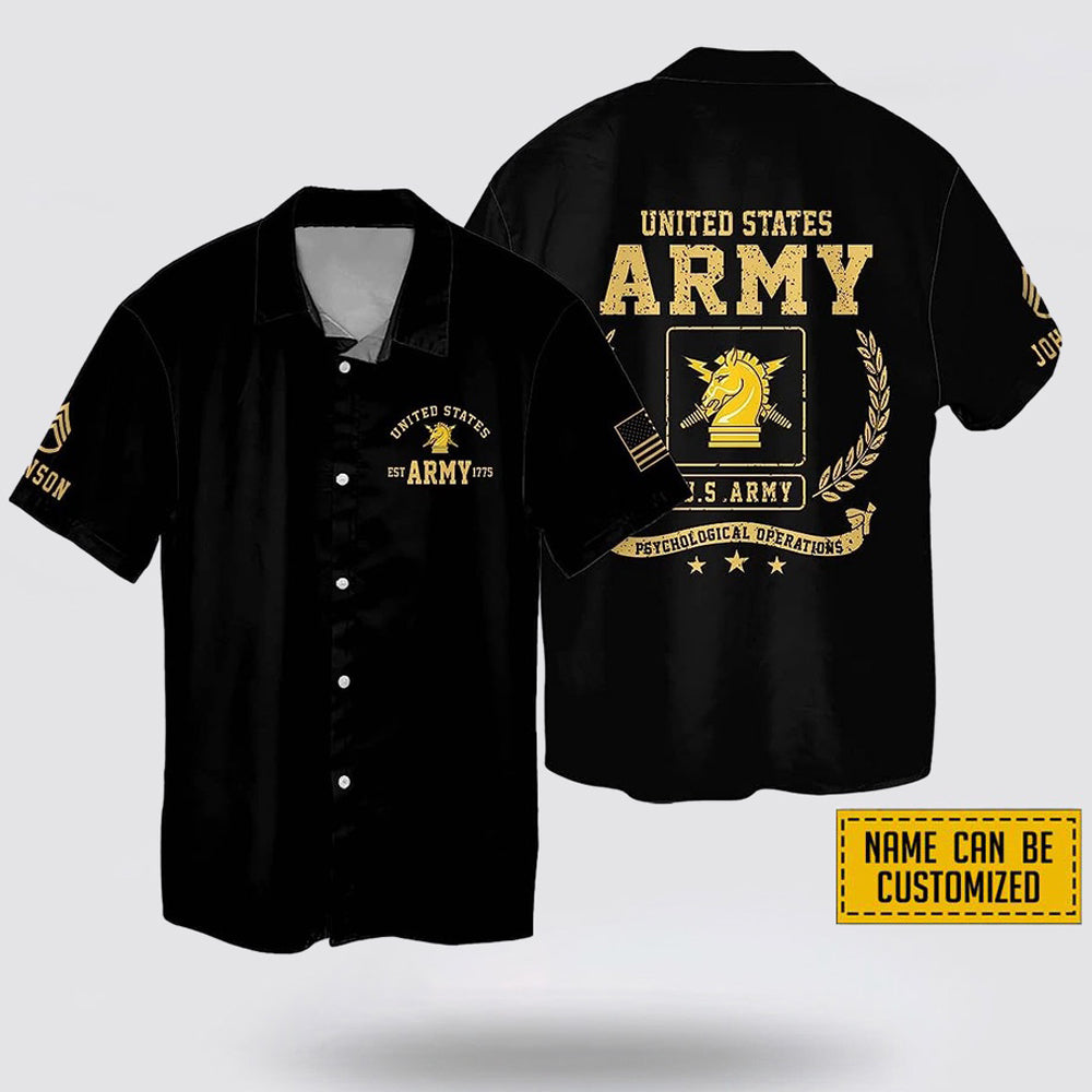 Custom Name Rank US Army Psychological Operations EST Army 1775 Hawaiin Shirt - Beachwear Gift For Military Personnel