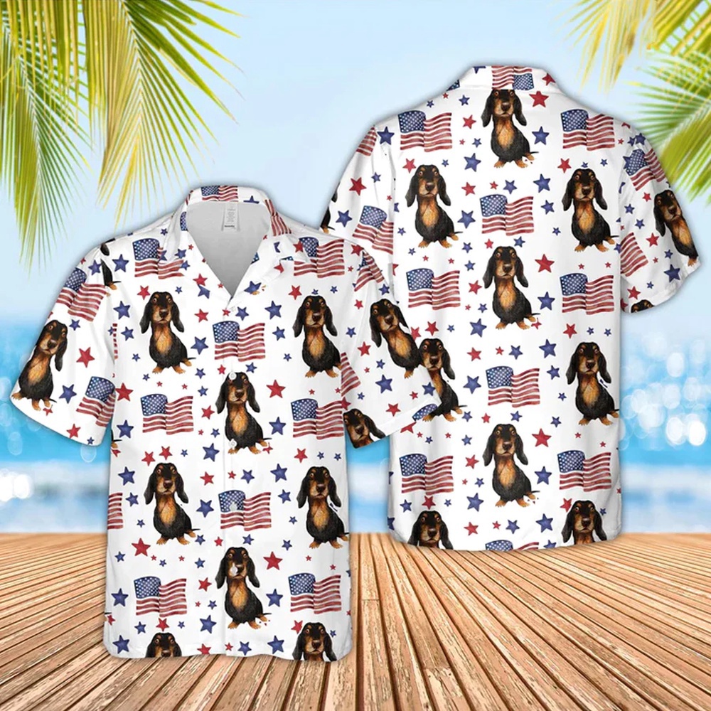 Dachshund American Flag Pattern Hawaiian Shirt, Funny Cow Hawaiian Shirt, 4th Of July Hawaiian Shirt, 4th Of July Shirt