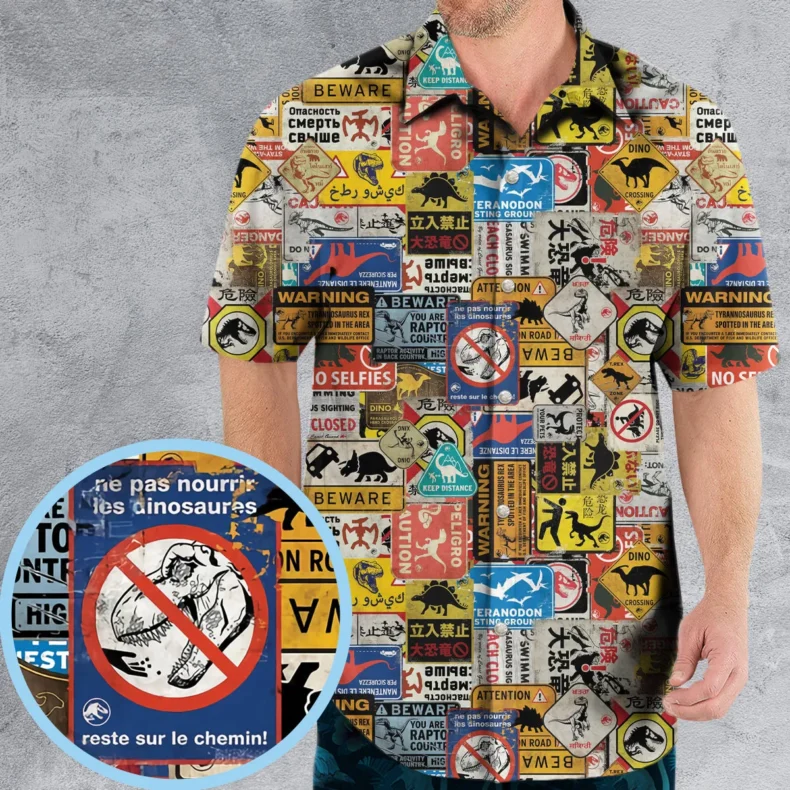 Dinosaur Warning Sign Jurassic Park Hawaiian Shirt