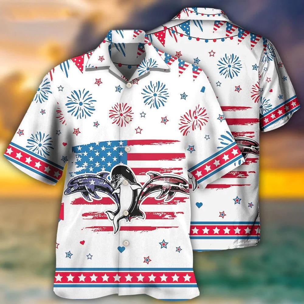 Dolphin Independence Day Funny Dolphin Trendy Hawaiian Shirt, 4th Of July Hawaiian Shirt, 4th Of July Shirt