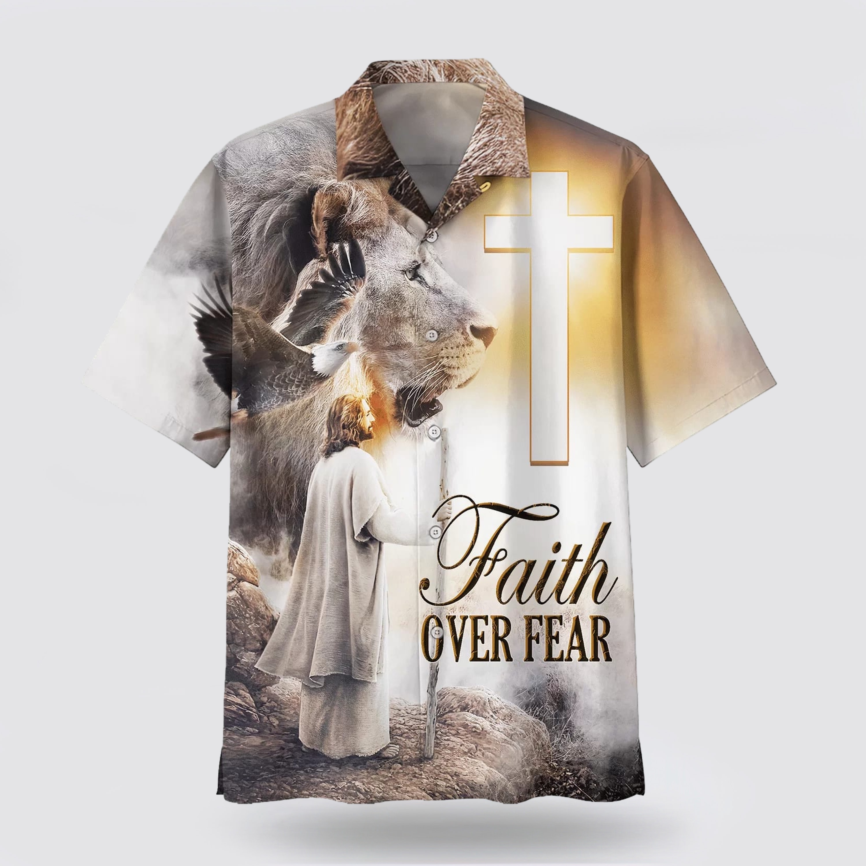 Faith Over Fear Hawaiian Shirt Jesus And The Lion Hawaiian Shirts - Gifts For People Who Love Jesus