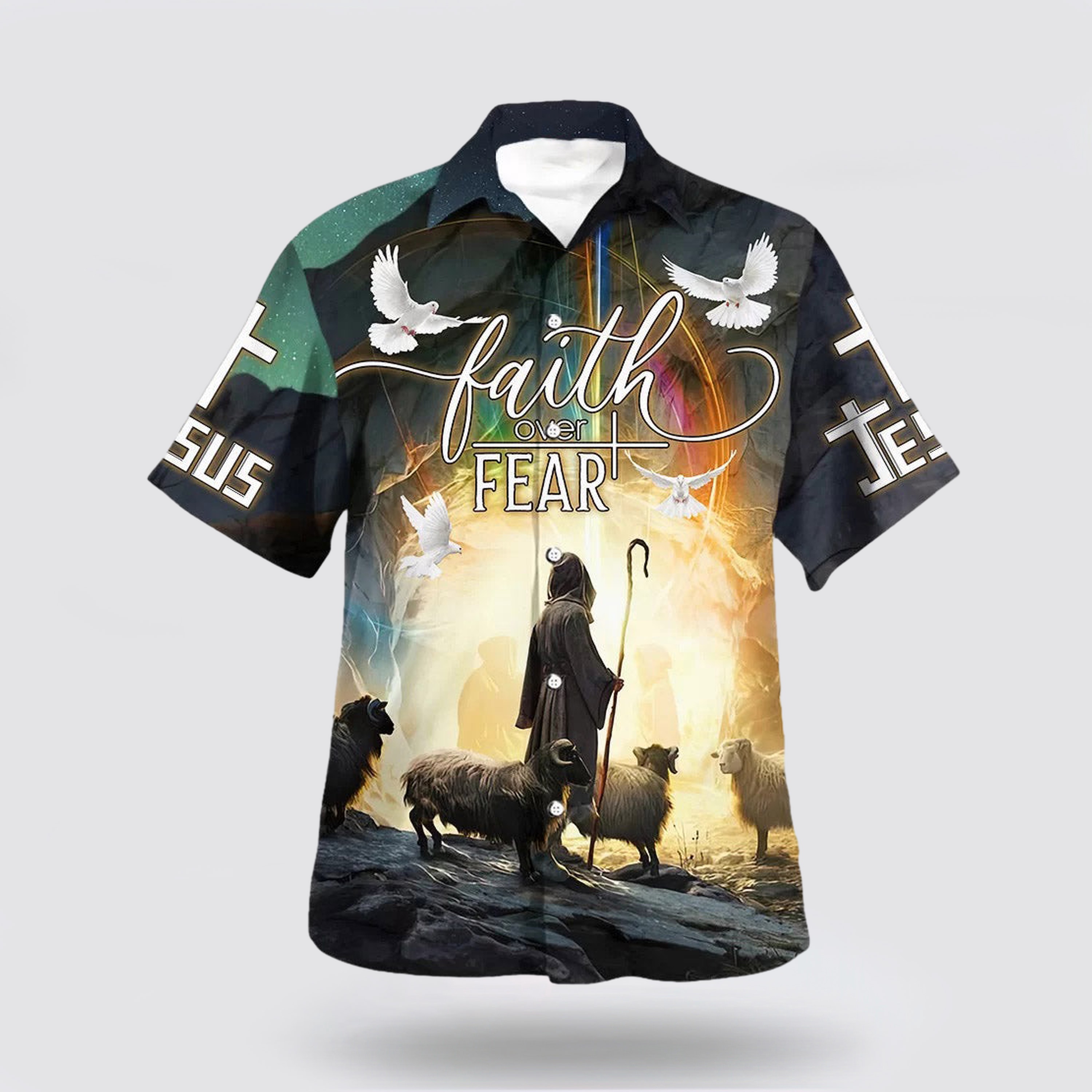 Faith Over Fear Hawaiian Shirt Jesus And The Sheep Hawaiian Shirts - Gifts For People Who Love Jesus