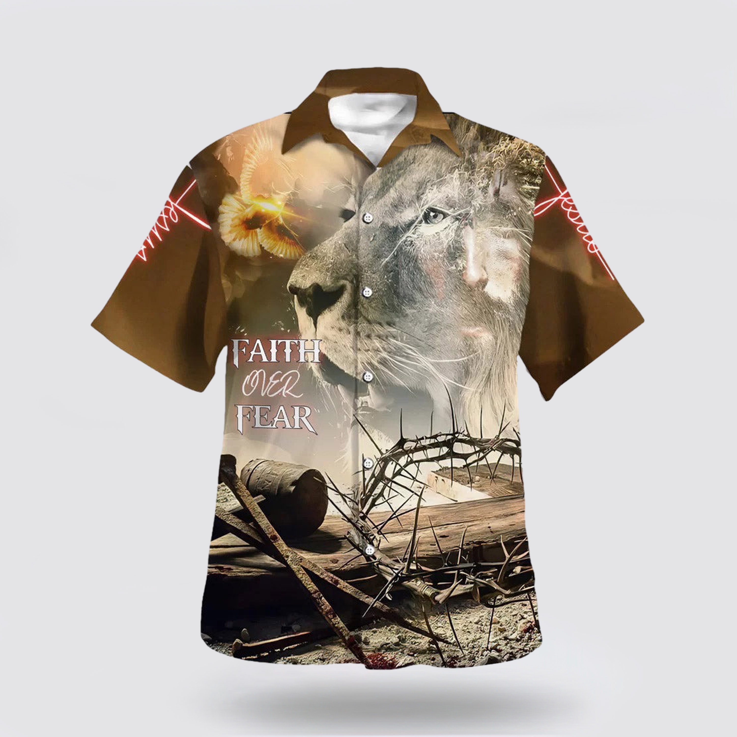 Faith Over Fear Lion And Crown Of Thorns Hawaiian Shirts - Gifts For People Who Love Jesus
