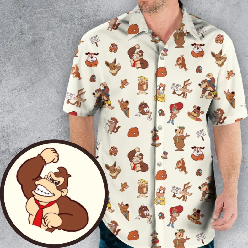 Famous Cartoon Characters in Brown Hawaiian Shirt