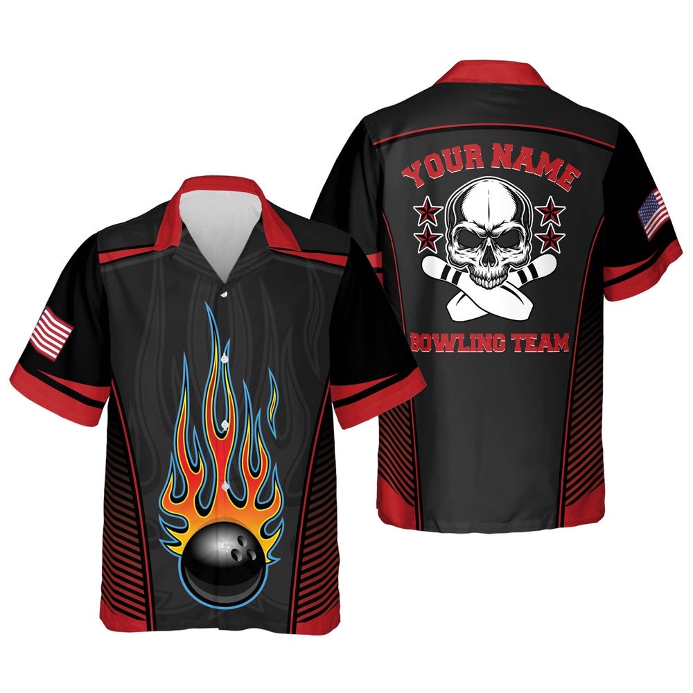 Flame Skull Button-UpHawaiian Shirt, Custom Bowling Shirt, Custom Team Bowling Hawaiian Shirt