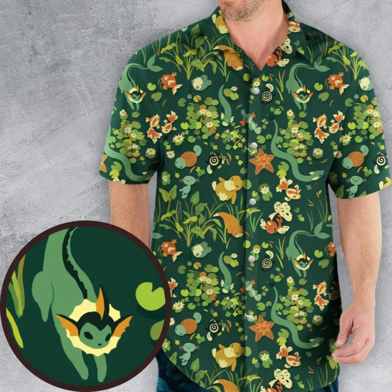 Floating In A Pond Magikarp Psyduck Vaporeon Water Pokemon Hawaiian Shirt