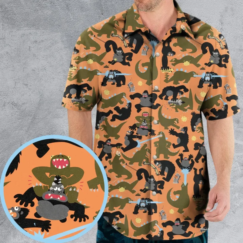 Giant Battle King Kong vs. Godzilla Kaiju Monsters Hawaiian Shirt