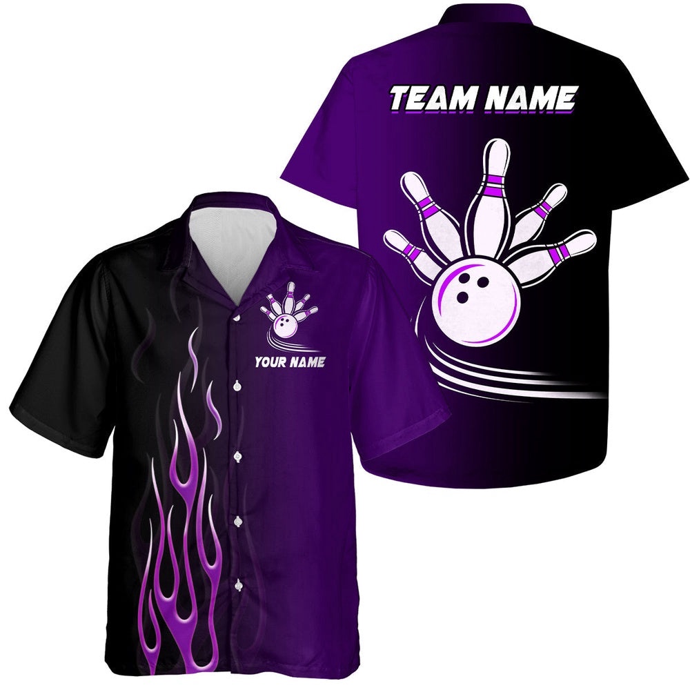 Gradient Purple Bowling League Jerseys, Custom Button Up Hawaiian Shirt, Custom Team Bowling Hawaiian Shirt