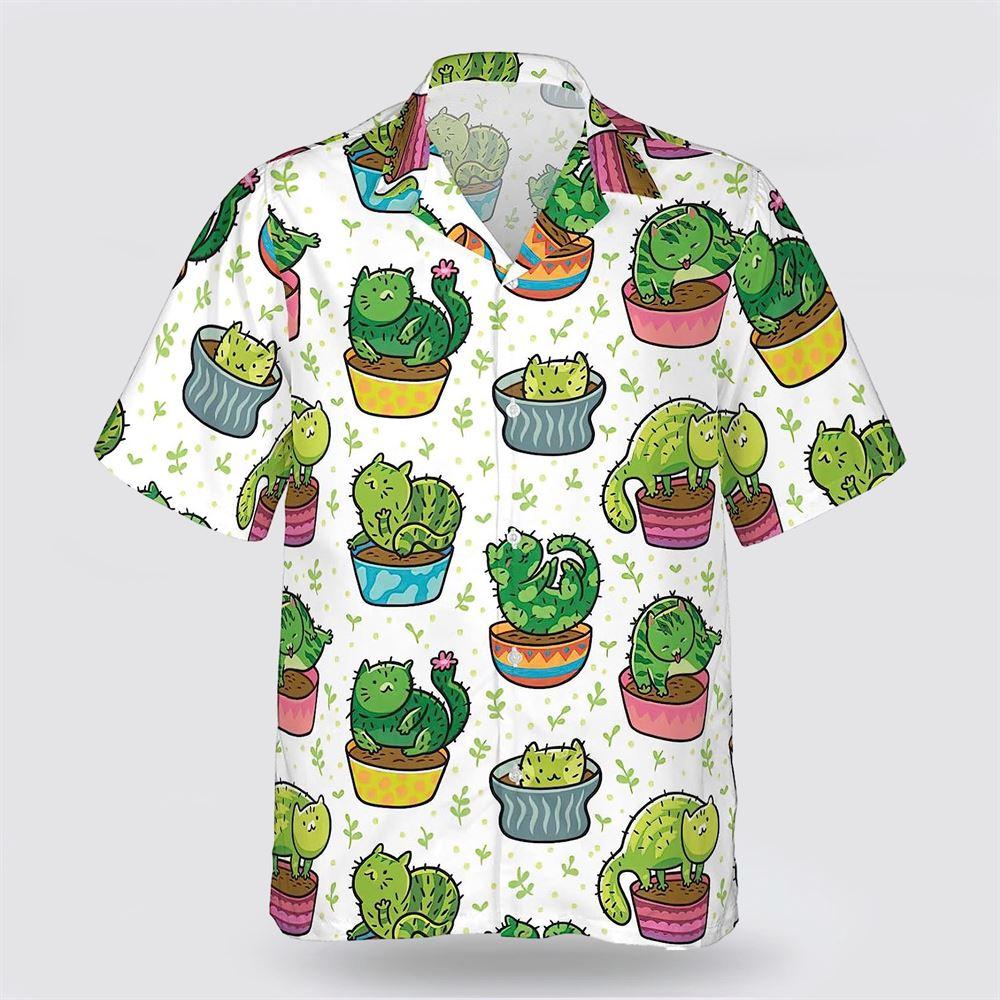 Green Cat Cactus Pattern Hawaiin Shirt - Pet Lover Hawaiian Shirts