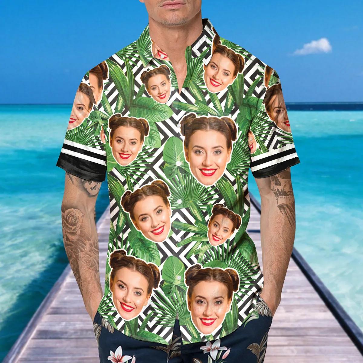 Green Pattern Tree Personalized Hawaiian Shirt, Custom Hawaiian Shirts With Face