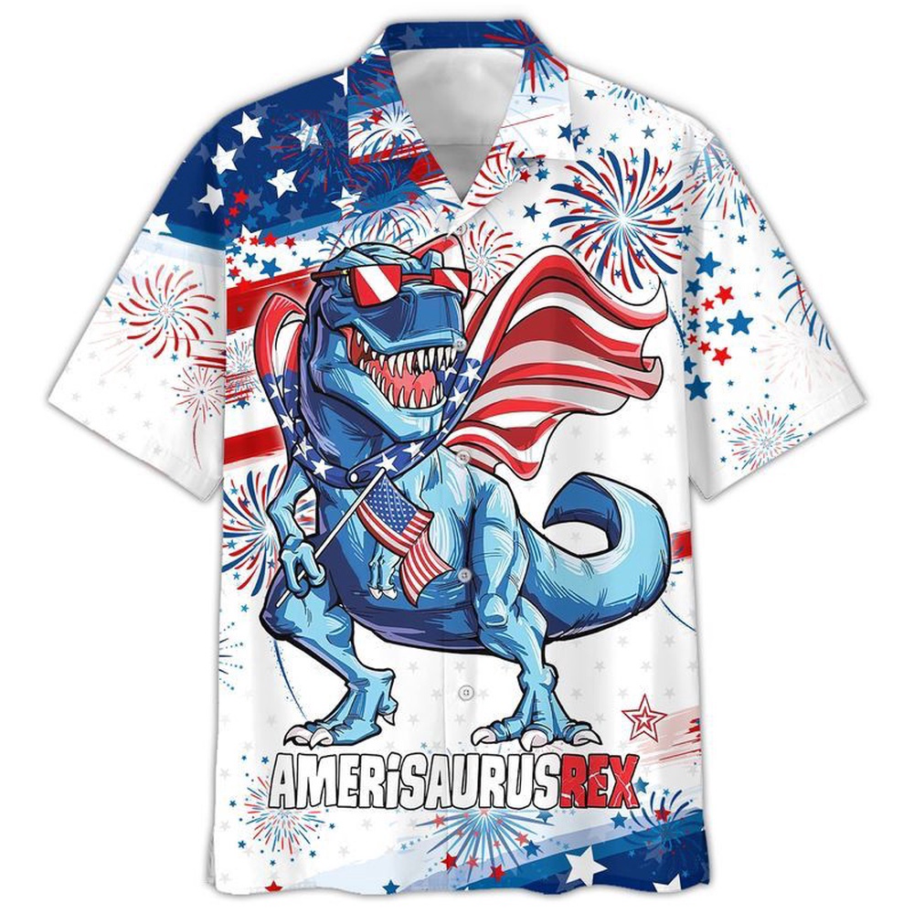 Happy Independence Day U.S Dinosaur All Printed 3D Hawaiian Shirt, 4th Of July Hawaiian Shirt, 4th Of July Shirt