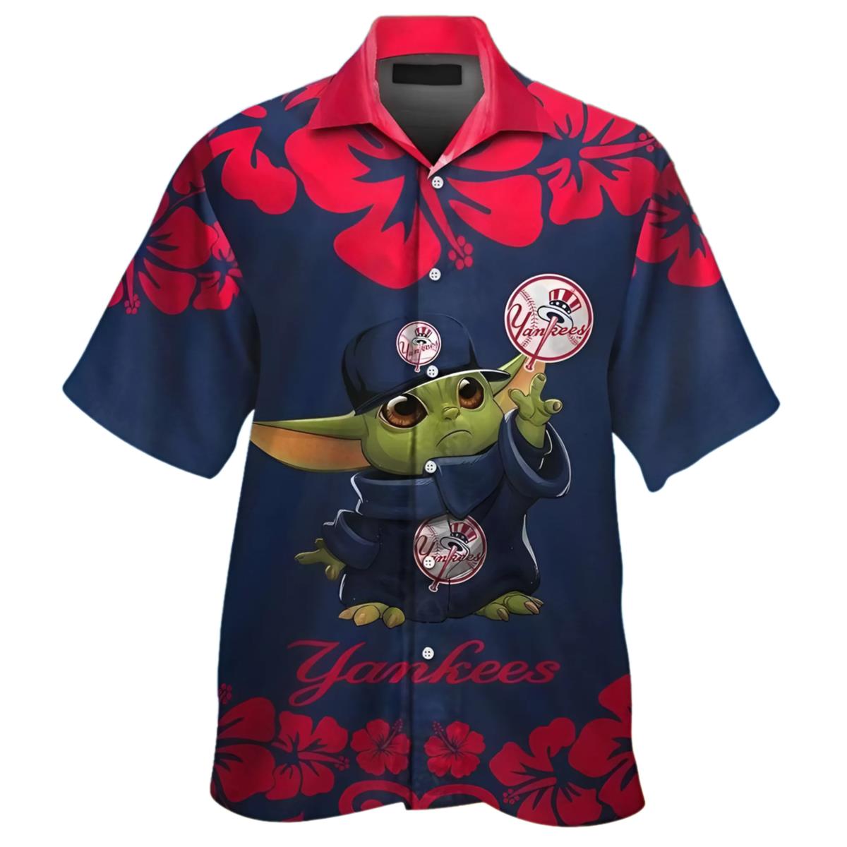 Hawaiian Yankees Shirt Baby Yoda And Vibrant Hibiscus Blossoms
