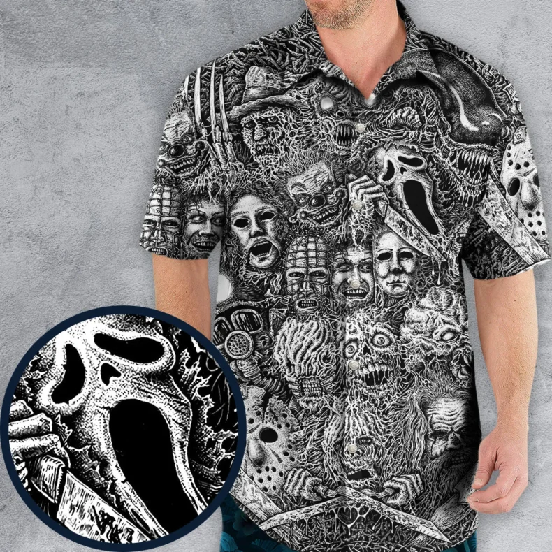 Horror Movie Assemblage Ghostface Xenomorph Pinhead Freddy Michael Myers Hawaiian Shirt