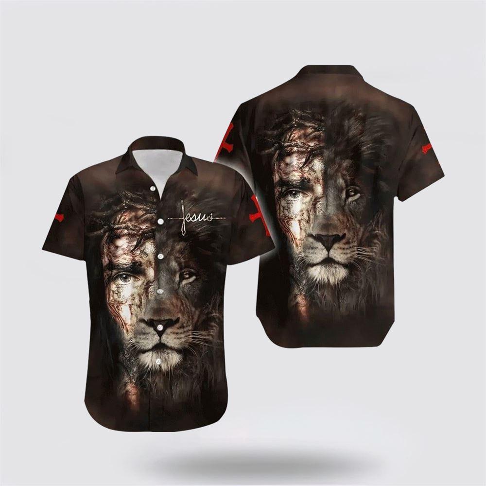 Jesus And Lion Gray Hawaiian Shirt - Gifts For Christians