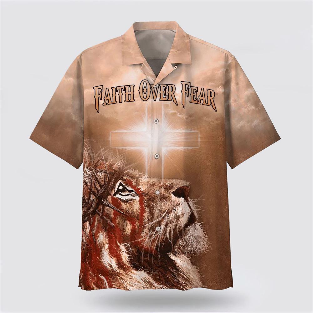 Jesus Lion Cross Flag Faith Over Fear Hawaiian Shirt - Gifts For People Who Love Jesus