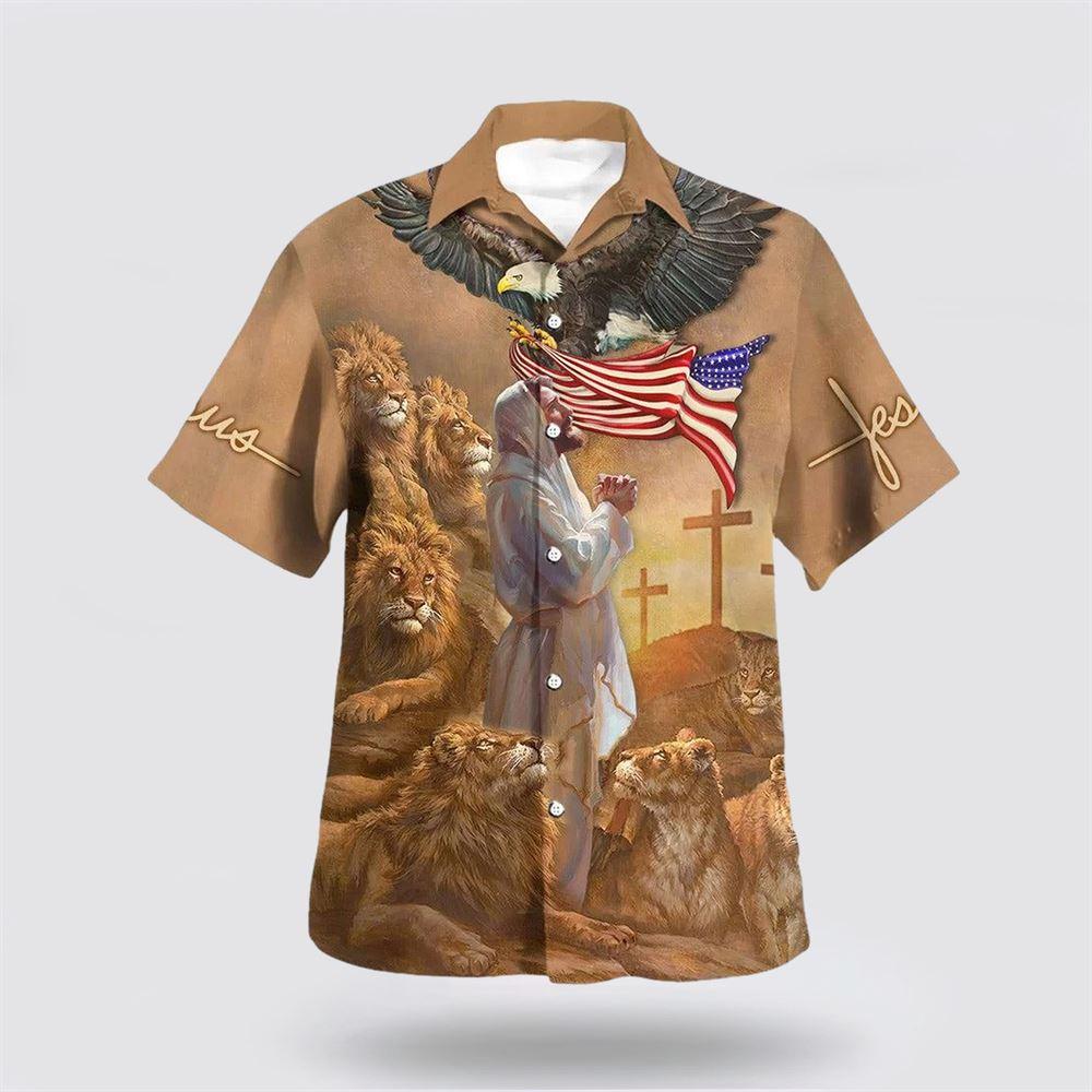 Jesus Pray Lion Cross Hawaiian Shirts For Men - Gifts For Jesus Lovers