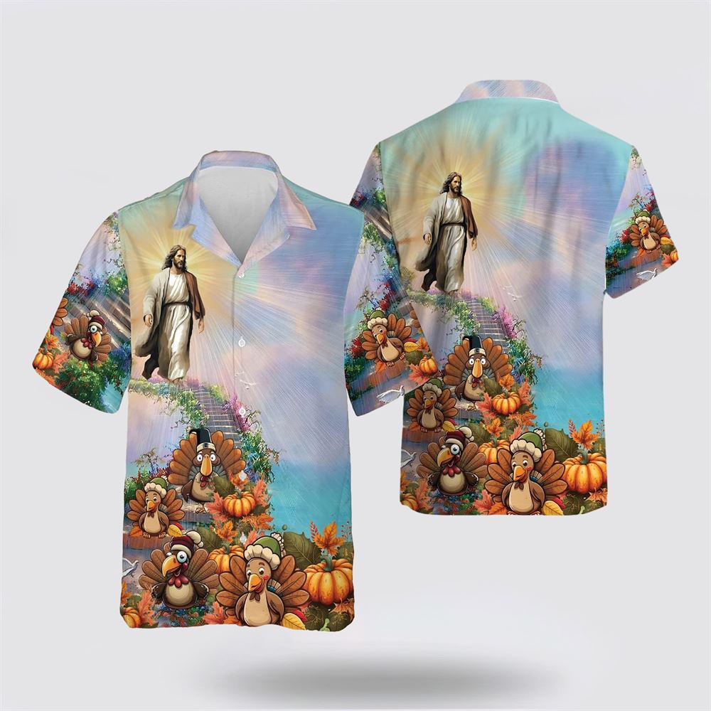 Jesus Walking Turkey And Pumpkin Pattern Hawaiian Shirt - Gifts For Christians