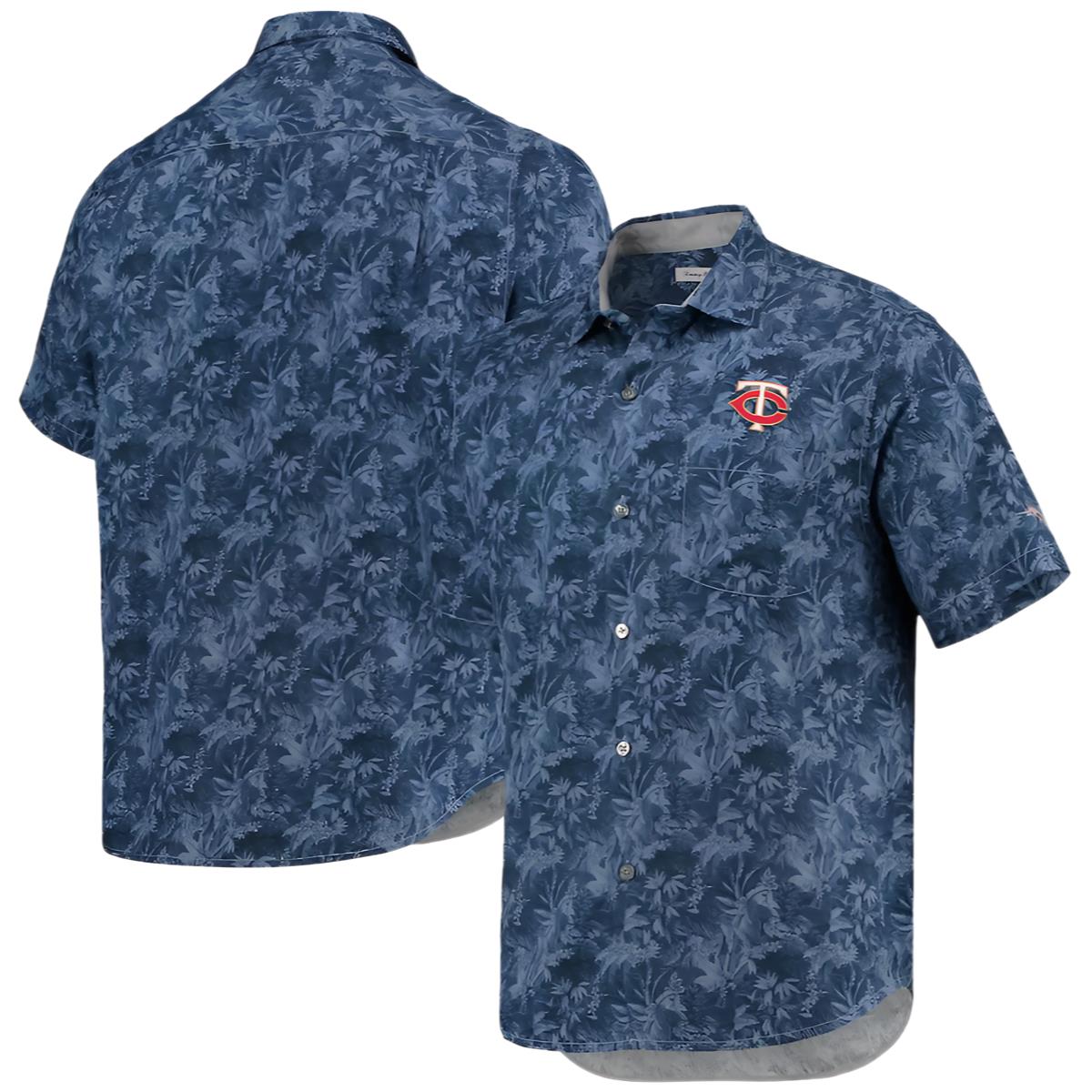 Mens Minnesota Twins Tommy Bahama Navy Jungle Shade Silk Camp Hawaiian Shirt