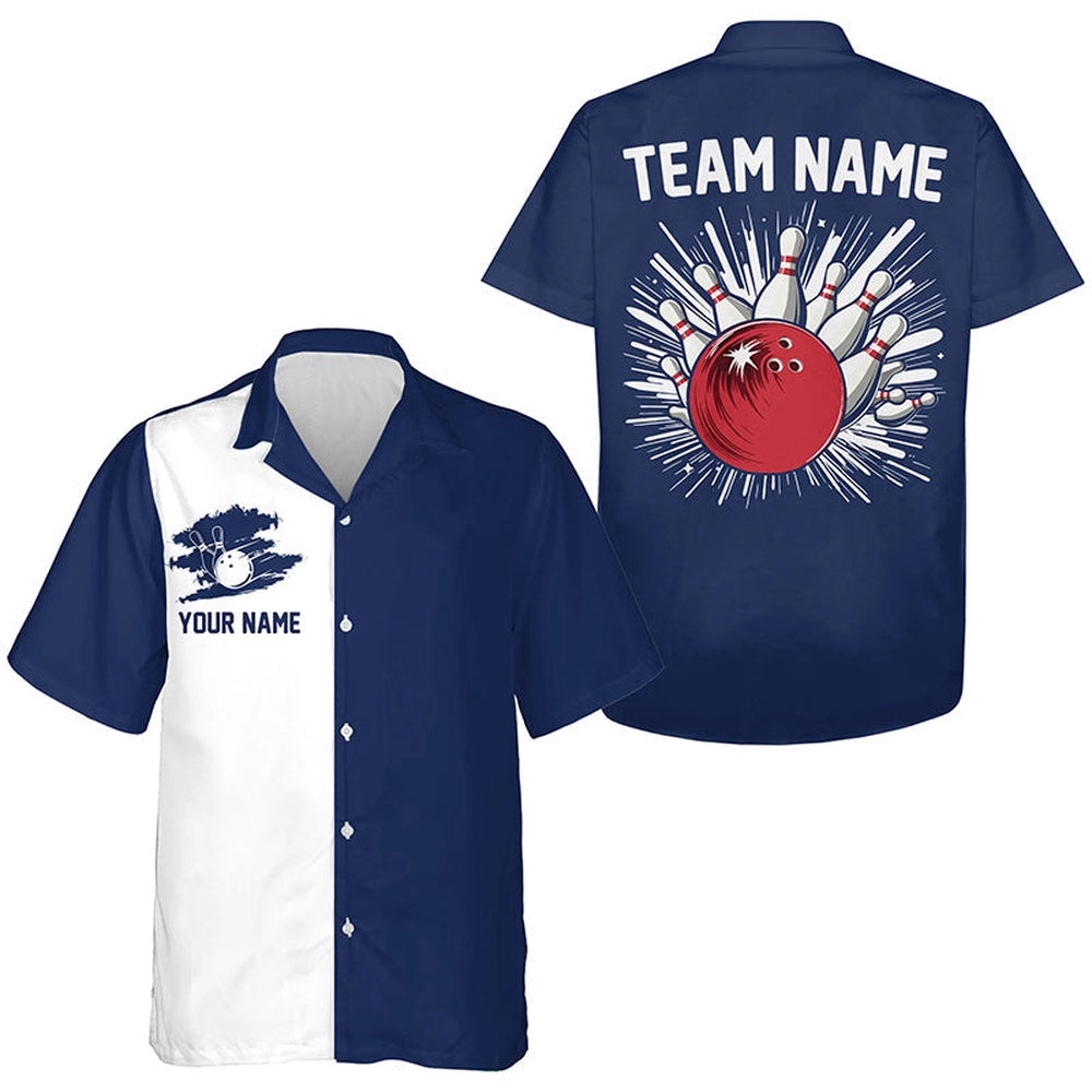 Navy Blue And White Retro Bowling Hawaiian Shirts, Custom Team Bowling Hawaiian Shirt