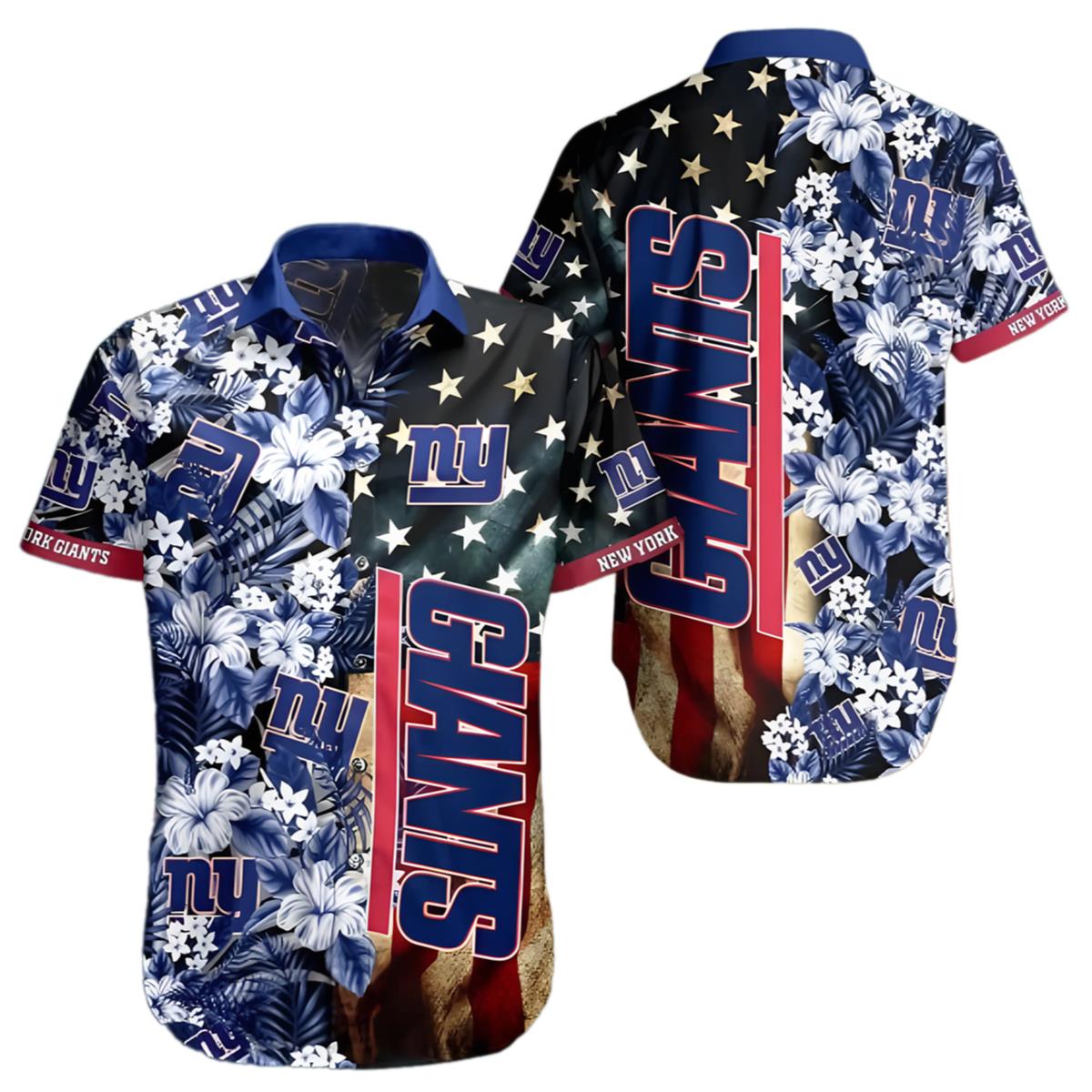 NFL New York Giants Hawaiian Shirt American Flag Flowers Design