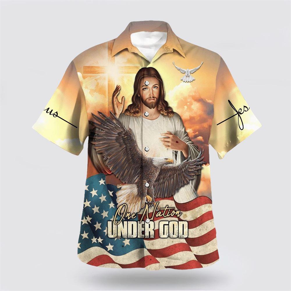 One Nation Under God Jesus Eagle American Flag Hawaiian Shirts - Gifts For Christian Families