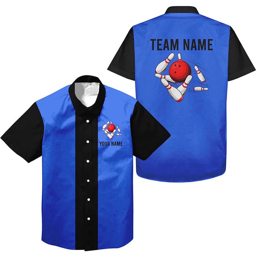 Personalized Blue Black Retro Bowling Hawaiian Shirts, Custom Team Bowling Hawaiian Shirt