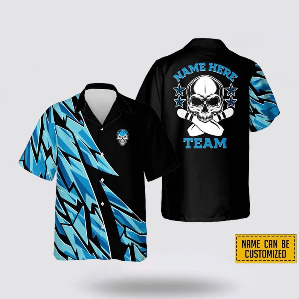 Personalized Name And Team Black And Blue Skull Hawaiian Shirt - Gift For Bowling Enthusiasts