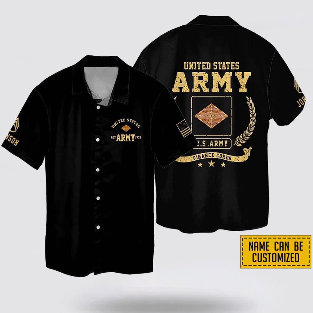 Personalized Name Rank United States Army Finance Corps EST Army 1775 Hawaiin Shirt - Beachwear Gift For Military Personnel