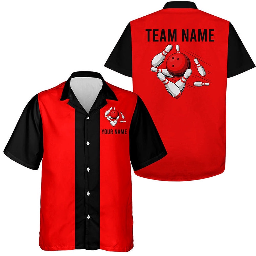 Personalized Red Black Retro Bowling Hawaiian Shirts, Custom Team Bowling Hawaiian Shirt
