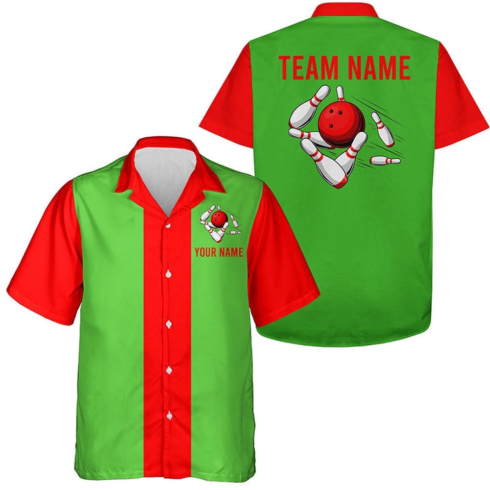 Personalized Red Green Christmas Bowling Hawaiian Shirts, Custom Team Bowling Hawaiian Shirt