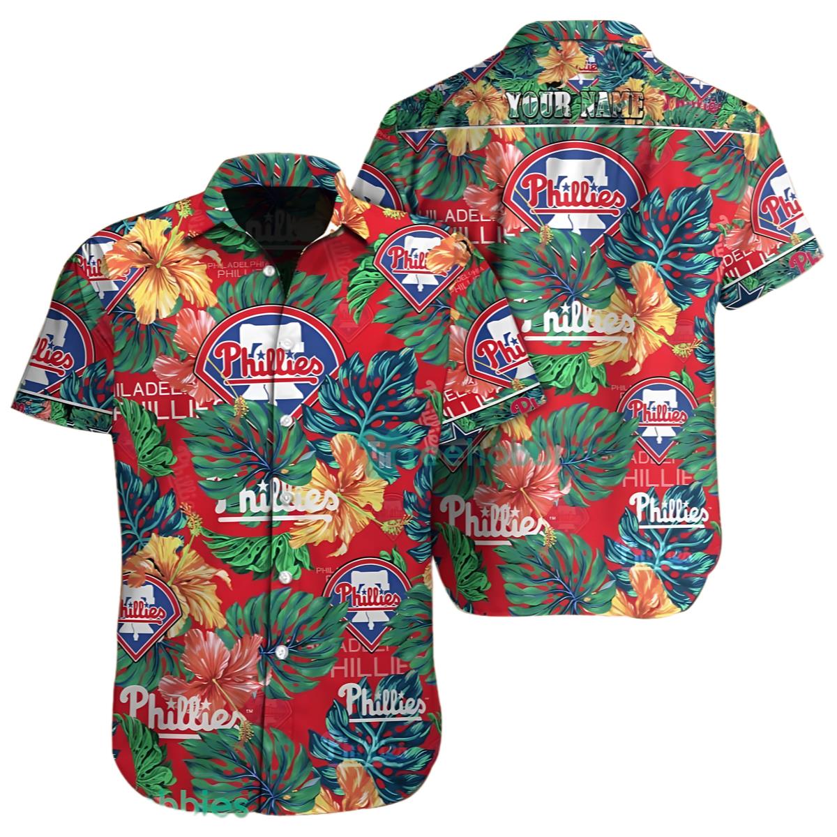 Philadelphia Phillies Hawaiian Shirt Custom Name with Floral Leaf Design