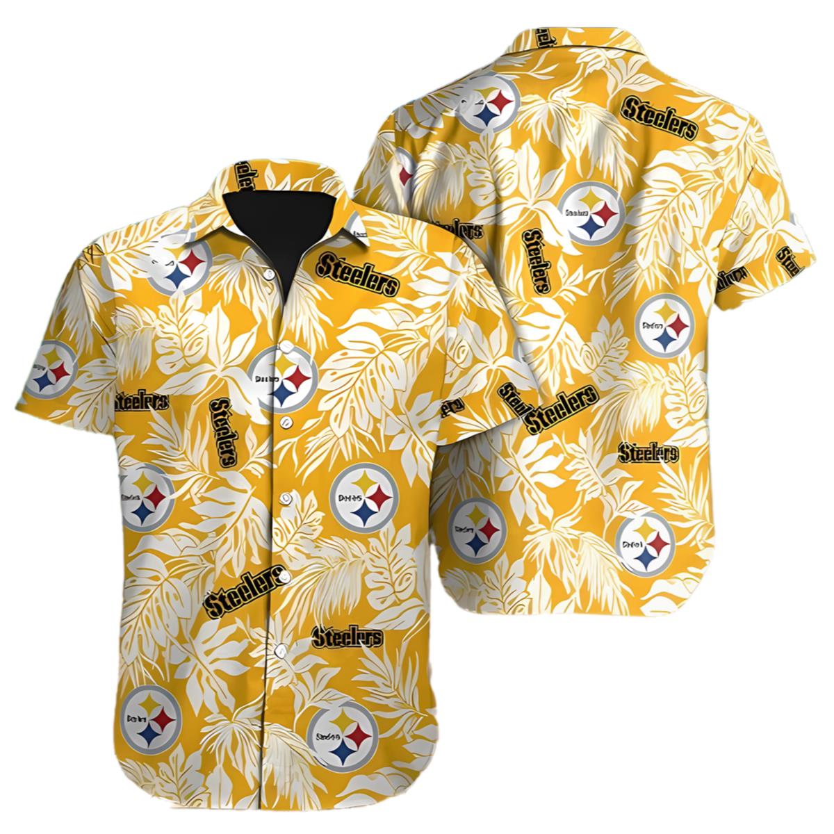 Pittsburgh Steelers NFL Mens Hawaiian Button Up Shirt NFL Tropical Leafs Print