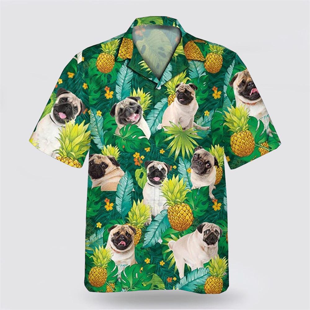 Pug Dog Leaves Green Tropic Pattern Hawaiian Shirt - Gift For Dog Lover